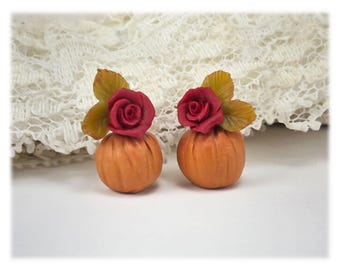 Custom Rose Pumpkin Stud Earrings : Hand Sculpted, Hypoallergenic