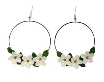 White Flowers Hoop Earrings | White Blossoms Bouquet Hoops | Boho Bridal Flower Earrings | Summer Flower Jewelry