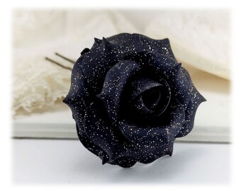 Black Glitter Edge Rose Flower Hair Clip Elastic & Brooch Pin Wedding decor 