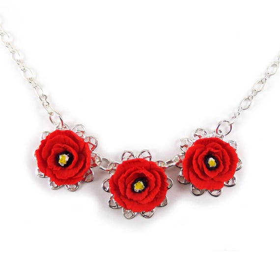 Red Poppy Bib Necklace: August Birth Flower, Adjustable, Silver, Gold, or Antique Brass
