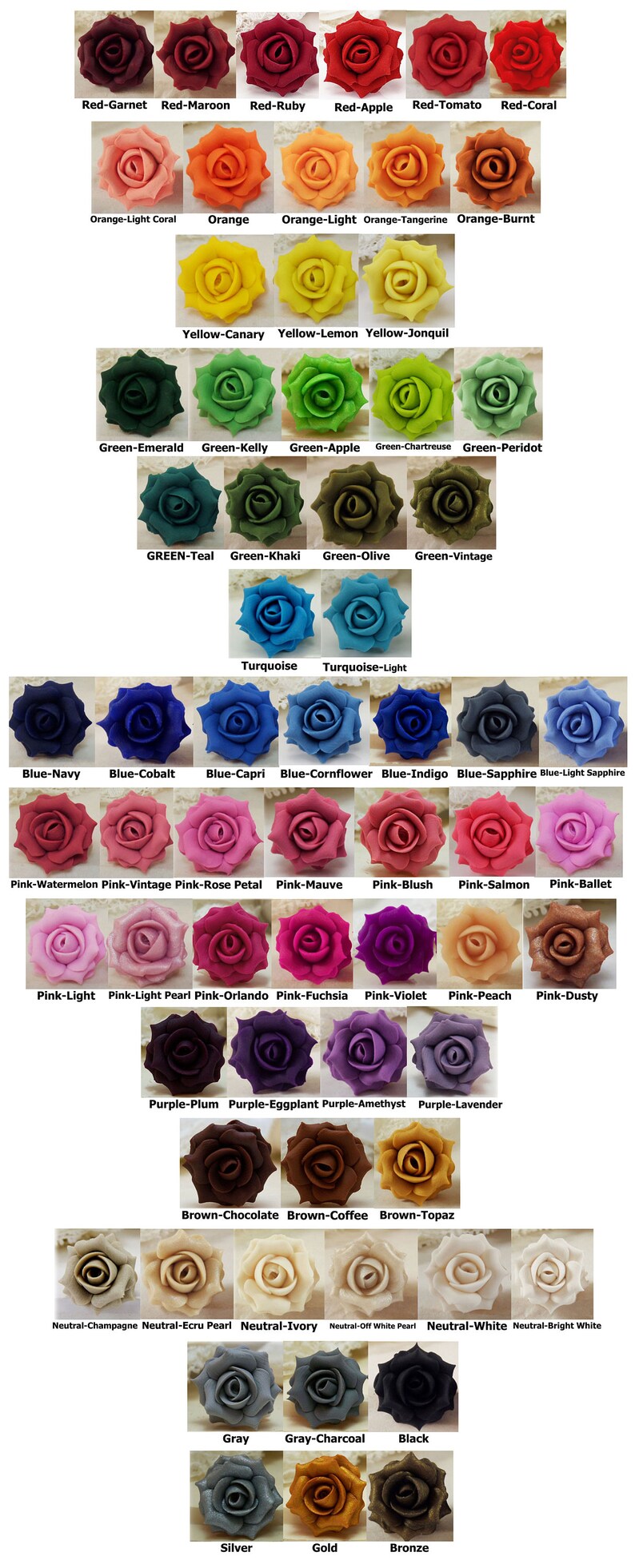 May include: A chart of 48 different coloured roses, each with a name describing its colour. The colours include red, orange, yellow, green, blue, pink, purple, brown, grey, black, silver, gold, and bronze.
