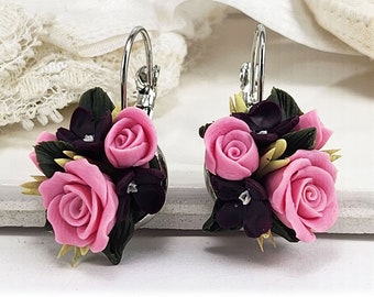 Victorian Pink Rose Bouquet Earrings | Cottagecore Rose Earrings | Unique Pink Rose Blossom Earrings | Flower Jewelry Gift For Mom