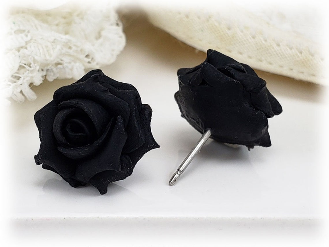 Black Rose Earrings Stud or Clip on Black Rose Jewelry Etsy