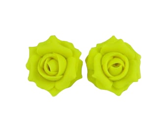 Neon Yellow Rose Earrings Stud or Clip On | Neon Yellow Rose Jewelry | Fluorescent Yellow Flower Studs | Neon Yellow Jewelry Hypoallergenic