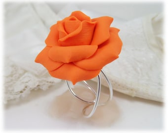 Orange Rose Ring | Orange Rose Jewelry | Orange Flower Ring - Adjustable Base Silver or Gold