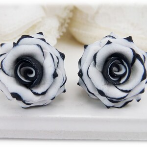 Black Tip White Rose Earrings Stud or Clip On Black White Flower Earrings Black White Jewelry Variegated Rose Jewelry Hypoallergenic image 4