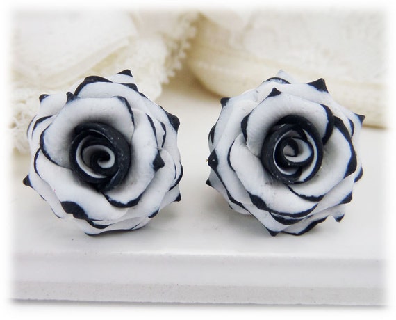 Black Tip White Rose Earrings Stud or Clip on Variegated 