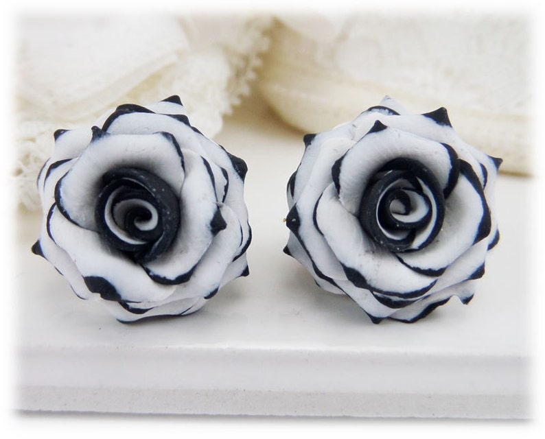 Black Tip White Rose Earrings Stud or Clip On Black White Flower Earrings Black White Jewelry Variegated Rose Jewelry Hypoallergenic image 4