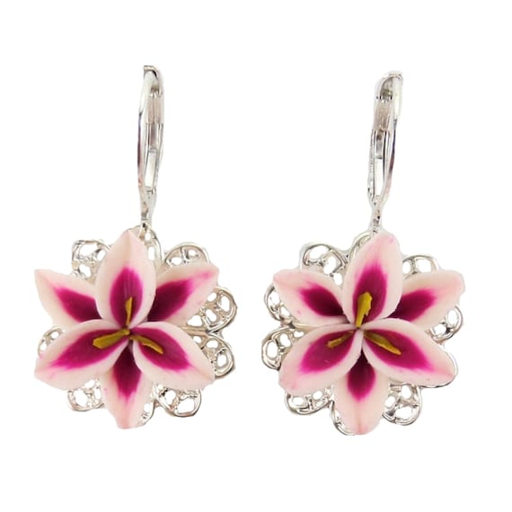 Pink Stargazer Lily Filigree Earrings Pink Lily Jewelry Pink Flower Earrings Vintage Style Lily Earrings Pink Lily Wedding Jewelry Etsy