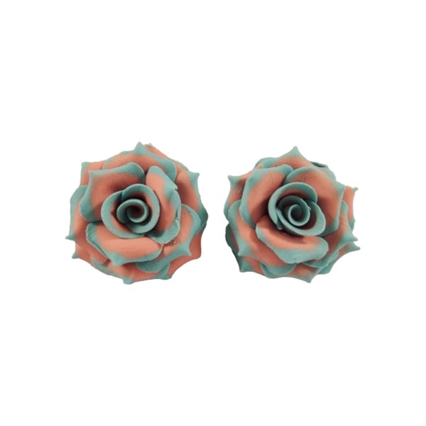 Mint Tip Coral Peach Color Rose Earrings Stud or Clip On | Green Peach Flower Earrings | Variegated Tipped Rose Jewelry | Hypoallergenic