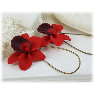 Red Orchid Dangle Earrings: Hand Sculpted Polymer Clay Flower Jewelry
