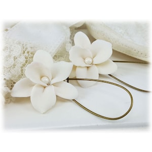 White Orchid Dangle Earrings: Hand Sculpted Polymer Clay Flower