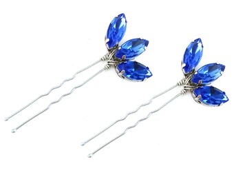Sapphire Blue Lotus Rhinestone Hair Pins - Blue Crystal Hair Pins, Blue Wedding Hair Accessories, Something Blue