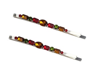 Autumn Rustic Boho Rhinestone Hair Pins | Topaz Red Green Slim Decorative Bobby Pins | Fall Wedding Hair Accessories