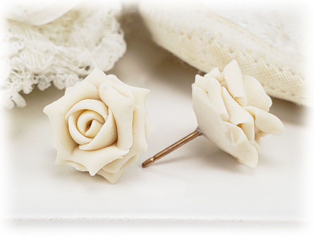 White Rose Earrings Stud or Clip on White Rose Jewelry White
