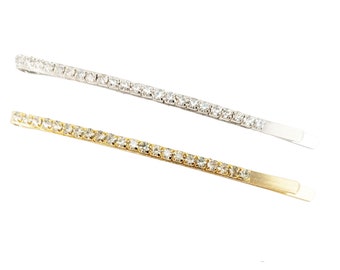 Long Slim Rhinestone Hair Pins Silver or Gold | Single Row Rhinestone Large Bobby Pins | Minimal Bridal Rhinestone Hair Pins