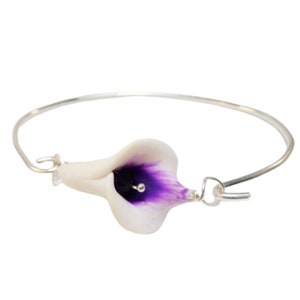 Purple Picasso Calla Lily Sterling Silver Bangle Bracelet | Picasso Calla Lily Jewelry | White Purple Calla Lily Jewelry Wedding Accessory