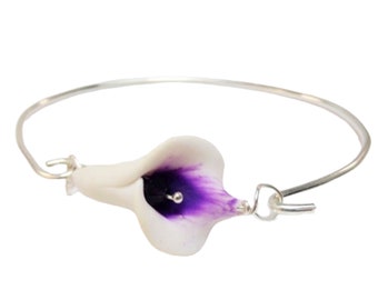 Purple Picasso Calla Lily Sterling Silver Bangle Bracelet | Picasso Calla Lily Jewelry | White Purple Calla Lily Jewelry Wedding Accessory