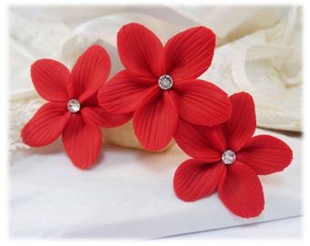 Red Flower Hair Pins: Bridal Hair Accessory with Pearl or Crystal (Set of 3)