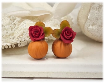 Autumn Rose Pumpkin Stud Earrings : Hand Sculpted, Custom, Hypoallergenic