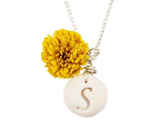 Yellow Dandelion Personalized Initial Necklace | Dandelion Jewelry | Yellow  | Flower with Initial Charm Pendant Necklace