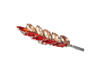 Red Orange Rhinestone Hair Pin: Feather Style Gem Hair Clip
