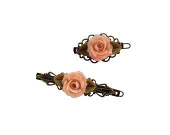 Small Old Fashioned Peach Pink Rose Barrette: Antique Brass, Hand Sculpted 2 Sizes