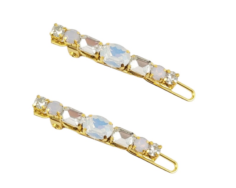 Tiny White Opal Barrettes Minimalist Opal Hair Barrettes Tiny Hair Clips for Wedding Opal Bridal Barrettes for Short Hair image 1