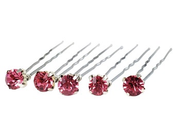 Pink Rhinestone Hair Pins 7mm (5) | Rose Pink  Wedding Hair Accessories | Rose Pink Bridal Bridesmaid Jewel Bobby Pins