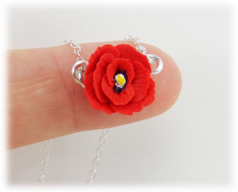 Red Poppy Tiny Flower Necklace Poppy Jewelry Simple Minimalist Petite Poppy Necklace August Birth Flower Gift Petite Poppy Necklace image 2