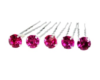 Fuchsia Pink Rhinestone Hair Pins 7mm (5) | Hot Pink Wedding Hair Accessories | Fuchsia Bridal Bridesmaid Jewel Bobby Pins