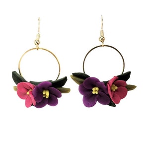 African Violet Hoop Dangle Earrings | African Violet Jewelry | Purple Pink African Violets | Flower Bouquet Earrings | Flowers for Mom