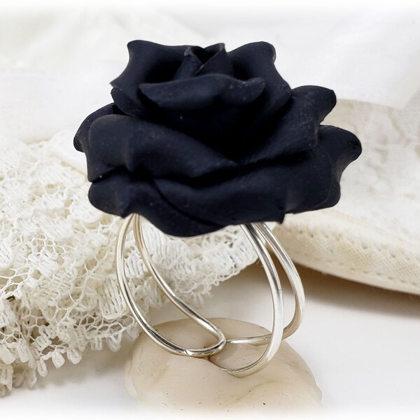 Black Rose Ring | Black Rose Jewelry | Black Flower Ring - Adjustable Base Silver or Gold