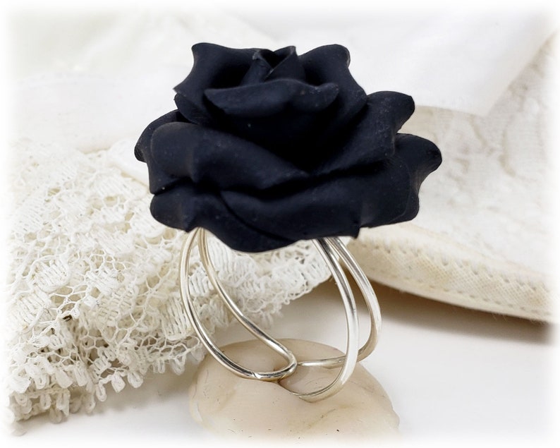 Large Black Rose Ring Adjustable Sterling Silver Black Rose Ring Black Rose Jewelry 14k Gold Filled Black Rose Ring Black Flower Ring