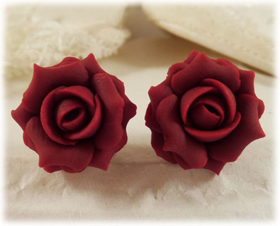 Red Rose Earrings Stud or Clip on Red Rose Jewelry Red Etsy