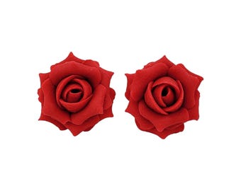 Red Rose Stud Earrings or Clip Ons: Hand Sculpted Clay Flower, Hypoallergenic Options