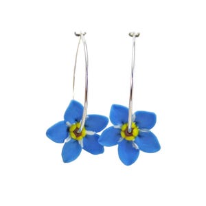 Handmade Forget Me Not Hoop Earrings: Sterling Silver or Gold Filled, Blue Flower