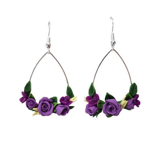 Violet Rose Dangle Earrings Lightweight Floral Teardrop Hoops