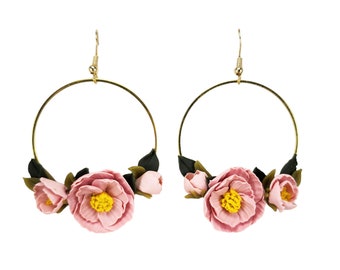 Large Pink Peonies Dangle Hoop Earrings | Pink Peony Jewelry | Lightweight Big Peonies Hoop Earrings