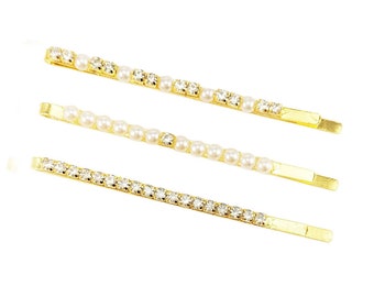 Gold Pearl Rhinestone Hair Pins Assorted Options | Gold Hair Accessories | 3 Row Pearl Gold Bobby Pins