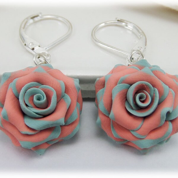 Mint Tip Peach Rose Petal Earrings | Green Pink Floral Jewelry | Variegated Tipped Rose Petals Jewelry