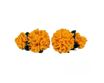 Marigold Stud Earrings or Clip Ons: Hand Sculpted Clay Flower, Hypoallergenic Options