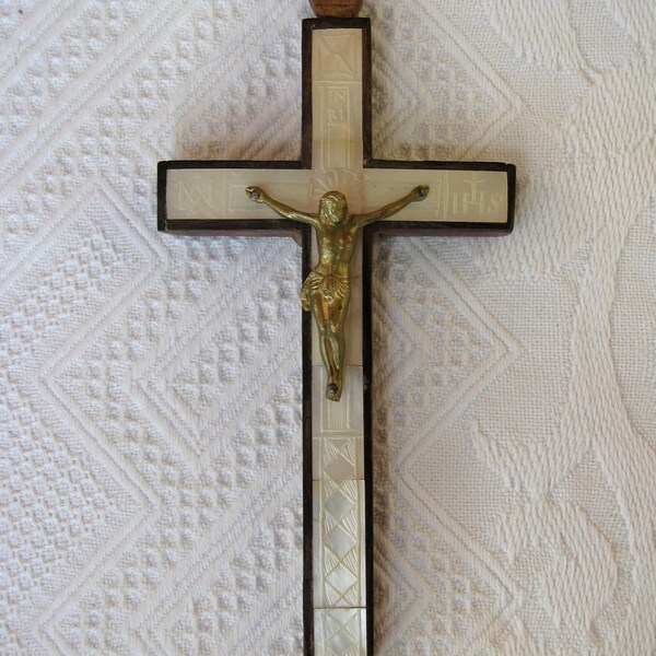 Vintage Cross Cruicifix Inlaid Mother of Pearl Wood Brass Christ IHS INRI Catholic MOP