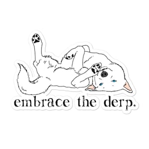 May include: A white dog with blue eyes is lying on its back with its paws in the air. The dog is looking at the camera with a goofy expression. The text "embrace the derp." is written below the dog.