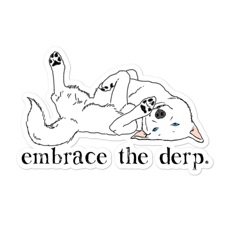May include: A white dog with blue eyes is lying on its back with its paws in the air. The dog is looking at the camera with a goofy expression. The text "embrace the derp." is written below the dog.