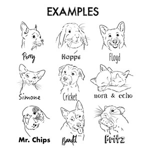 Puede incluir: Dibujos en blanco y negro de varias mascotas, incluyendo un perro, un gato, un conejo, un p&aacute;jaro, un h&aacute;mster y un par de gatos. Cada dibujo est&aacute; etiquetado con el nombre de la mascota, como Perry, Hopps, Floyd, Simone, Cricket, Nora & Echo, Mr. Chips, Bandit y Fritz.