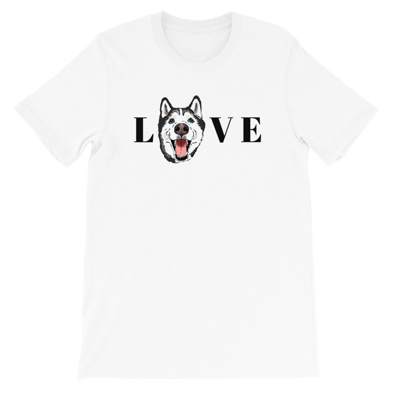 May include: White t-shirt with a black husky dog illustration and the word "LOVE" printed on it.