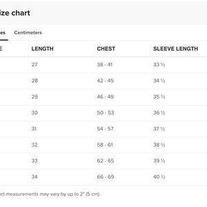 May include: Size chart for clothing with measurements in inches and centimeters. The chart shows sizes from S to 5XL with corresponding length, chest, and sleeve length measurements.