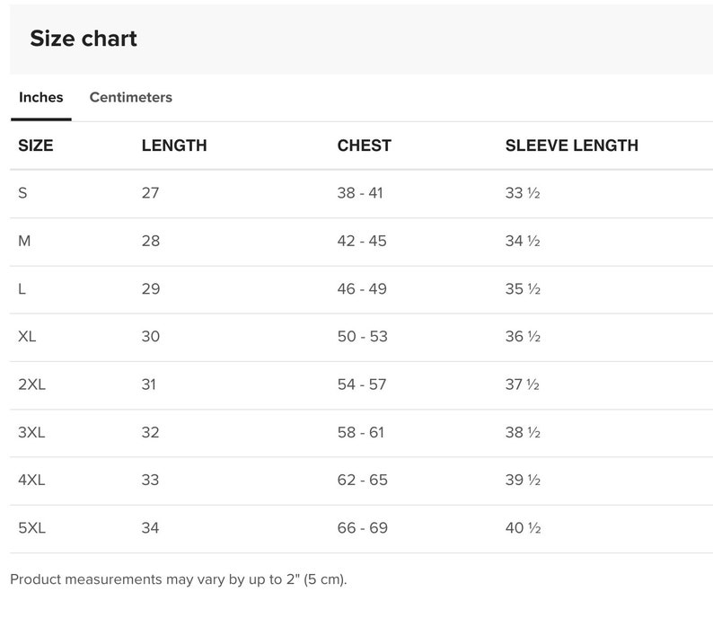 May include: Size chart for clothing with measurements in inches and centimeters. The chart shows sizes from S to 5XL with corresponding length, chest, and sleeve length measurements.