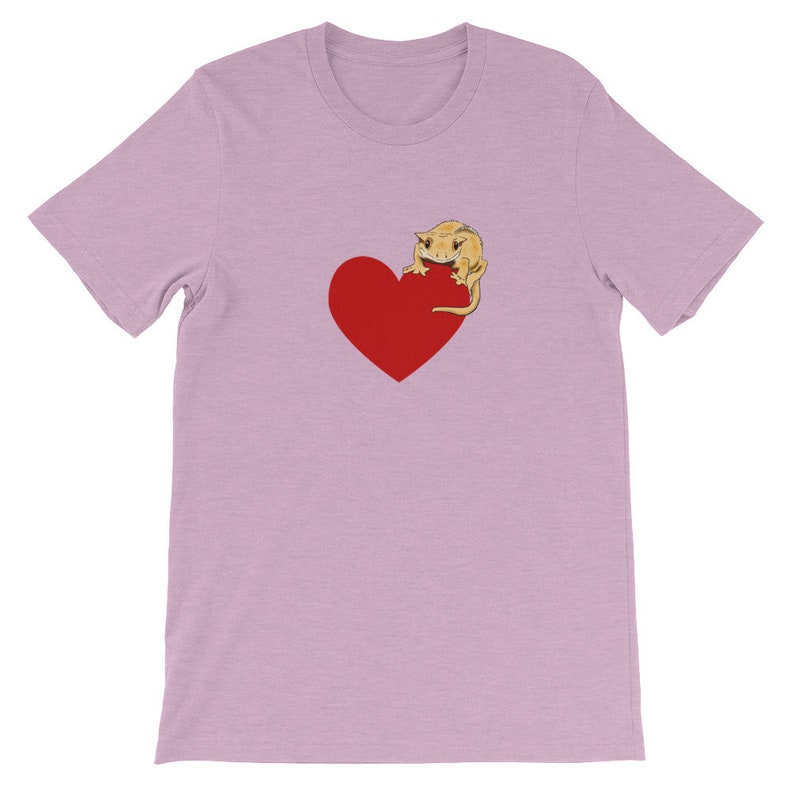 May include: A light purple t-shirt with a red heart and a cartoon gecko on it.